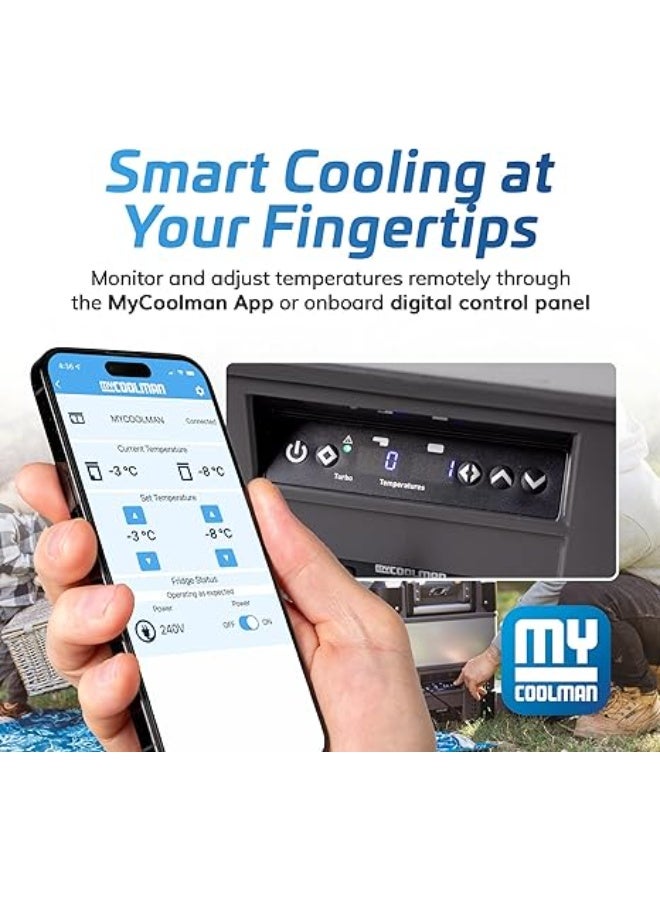 myCOOLMAN 53 "المستكشف" ثلاجة ومجمد محمول بسعة 53 لتر ومنطقتين، 12/24 فولت DC و240 فولت AC، تحكم عبر تطبيق بلوتوث، حماية البطارية وتصميم منخفض، منفذ USB، تبريد من -22 °م إلى +10 °م، قابس بريطاني - Image 4